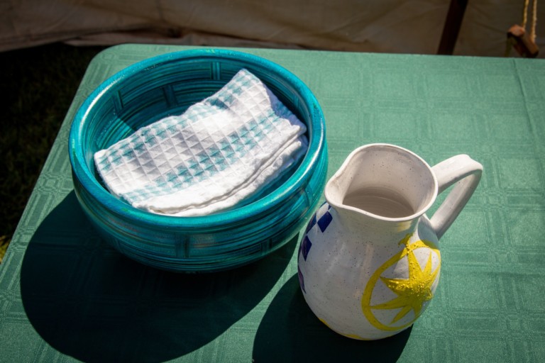 A bowl and pitcher, ready for ceremonial use